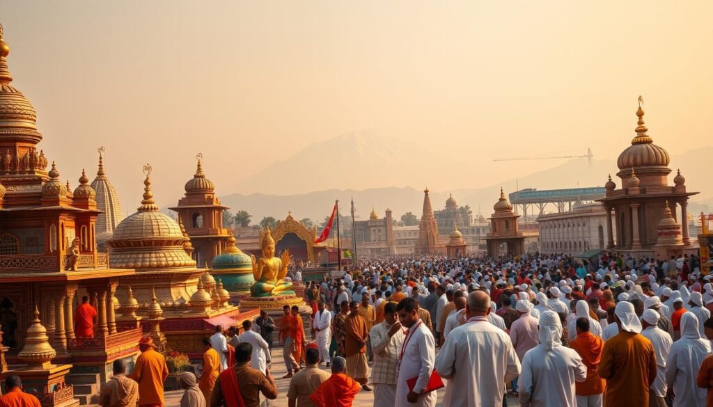 A panoramic scene of India's diverse religious landscape, captured in vibrant colors and rich details. In the foreground, a kaleidoscope of sacred symbols - ornate temples, intricate mandalas, and gilded deities - each representing the country's profound spiritual heritage. The middle ground features worshippers of various faiths, from saffron-robed Hindus to the flowing white garments of Muslims, all engaged in reverent practices. In the distant background, the majestic Himalayas rise, their snow-capped peaks a symbol of the timeless, mystical nature of Indian spirituality. The scene is illuminated by warm, golden lighting, creating an ethereal, awe-inspiring atmosphere that encapsulates the grandeur and complexity of India's multifaceted religious tapestry. A panoramic scene of India's diverse religious landscape, captured in vibrant colors and rich details. In the foreground, a kaleidoscope of sacred symbols - ornate temples, intricate mandalas, and gilded deities - each representing the country's profound spiritual heritage. The middle ground features worshippers of various faiths, from saffron-robed Hindus to the flowing white garments of Muslims, all engaged in reverent practices. In the distant background, the majestic Himalayas rise, their snow-capped peaks a symbol of the timeless, mystical nature of Indian spirituality. The scene is illuminated by warm, golden lighting, creating an ethereal, awe-inspiring atmosphere that encapsulates the grandeur and complexity of India's multifaceted religious tapestry.