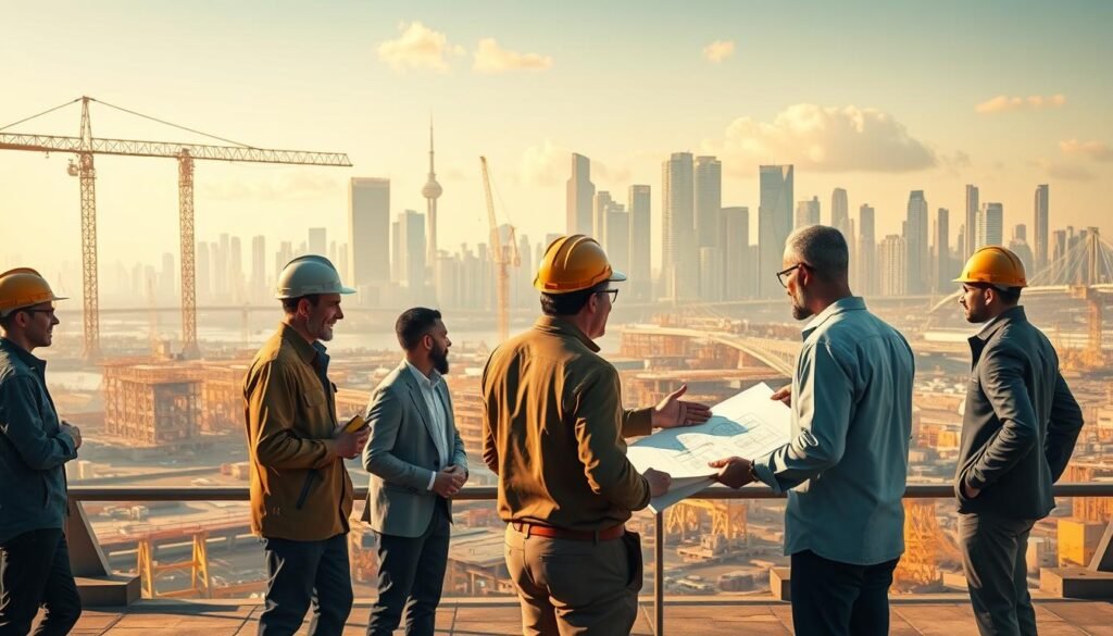 A panoramic scene of an international engineering collaboration. In the foreground, engineers from diverse backgrounds stand together, animatedly discussing plans and sketches on a drafting table. The middle ground features a large construction site, with cranes and scaffolding hinting at an ambitious infrastructure project. In the background, a skyline of modern skyscrapers and bridges rises, symbolizing the global reach of this partnership. The lighting is warm and golden, creating a sense of optimism and progress. The composition is dynamic, with diagonal lines and intersecting perspectives, conveying the complexity and dynamism of this collaborative effort.