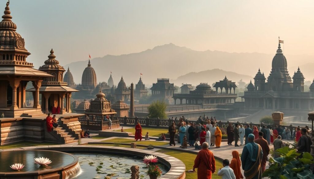 A panoramic view of ancient temples and shrines, their intricate stone carvings and towering spires reflecting the global influence of Indian religions. In the foreground, a serene meditation garden with cascading water features and lotus blossoms, evoking the tranquility of eastern spirituality. The middle ground features pilgrims and devotees from diverse cultures, their robes and garments illustrating the widespread adoption of Indian philosophical and ritual traditions. In the background, a majestic mountain range shrouded in mist, suggesting the timeless, transcendent nature of these enduring faiths. Soft, warm lighting casts an ethereal glow, creating a sense of timelessness and the enduring power of India's religious heritage. A panoramic view of ancient temples and shrines, their intricate stone carvings and towering spires reflecting the global influence of Indian religions. In the foreground, a serene meditation garden with cascading water features and lotus blossoms, evoking the tranquility of eastern spirituality. The middle ground features pilgrims and devotees from diverse cultures, their robes and garments illustrating the widespread adoption of Indian philosophical and ritual traditions. In the background, a majestic mountain range shrouded in mist, suggesting the timeless, transcendent nature of these enduring faiths. Soft, warm lighting casts an ethereal glow, creating a sense of timelessness and the enduring power of India's religious heritage.