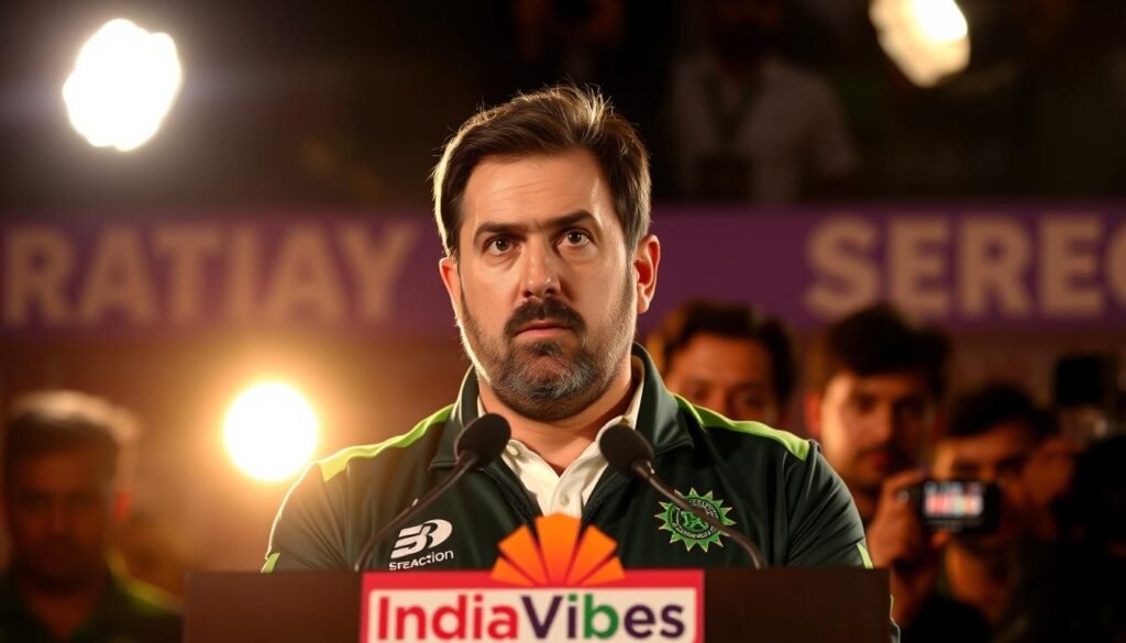 A press conference with Pakistan cricket coach Mike Hesson, captured in a dynamic and authoritative manner. Hesson stands at the podium, flanked by the IndiaVibes Today logo, his expression resolute as he addresses the media. The lighting is warm and focused, drawing attention to his confident stance and the intensity of his gaze. The background is a blur of reporters and camera flashes, emphasizing the significance of the moment. The overall mood conveys a sense of anticipation and determination, setting the stage for the coach's bold message and team strategy ahead of the crucial India clash in the Asia Cup 2025.