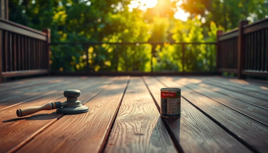 A pristine wooden deck under warm, directional lighting. In the foreground, various deck maintenance tools are neatly arranged - a brush, a sander, a can of sealant. The middle ground showcases the textured, weathered surface of the deck, highlighting areas that need attention. In the background, lush greenery frames the scene, creating a serene, natural atmosphere. The overall composition conveys a sense of care, attention to detail, and the importance of regular deck upkeep for lasting durability and aesthetic appeal.