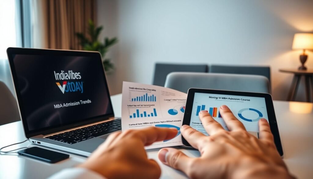 A professional, modern office setting with a laptop, a tablet, and documents showcasing MBA admission trends for 2025. Soft, directional lighting illuminates the scene, creating a warm and inviting atmosphere. The IndiaVibes Today logo is prominently displayed on the laptop screen, reflecting the article's publication. In the foreground, a hand gestures towards the data, emphasizing the significance of understanding the evolving MBA admission landscape. The middle ground features a well-organized array of documents and charts, providing insights into the changing dynamics of MBA programs and the potential rise of short online courses. The background blurs softly, maintaining the focus on the key elements of the scene.
