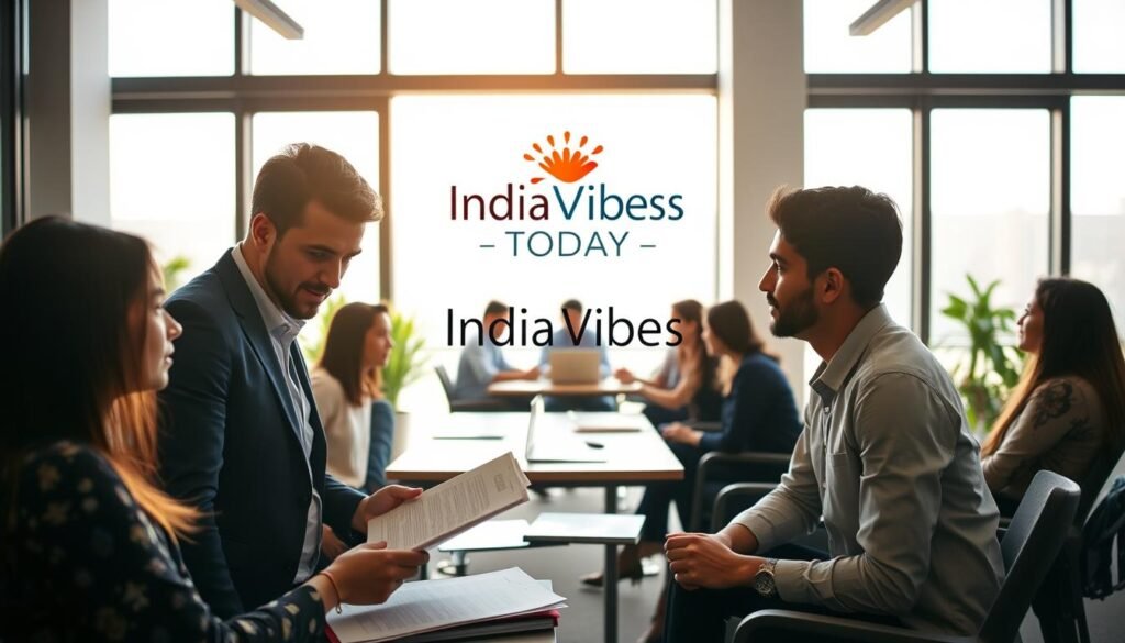 A professional office setting with study abroad consultants engaged in thoughtful discussions with prospective students. The scene is bathed in warm, natural lighting from large windows, creating a welcoming atmosphere. In the foreground, a consultant reviews documents with a student, their expressions conveying expertise and empathy. In the middle ground, a group of consultants collaborate at a conference table, laptops and brochures spread out. In the background, the IndiaVibes Today logo is prominently displayed, signifying the consultancy's trusted reputation. The overall impression is one of a dynamic, helpful service guiding students through the complexities of international education.