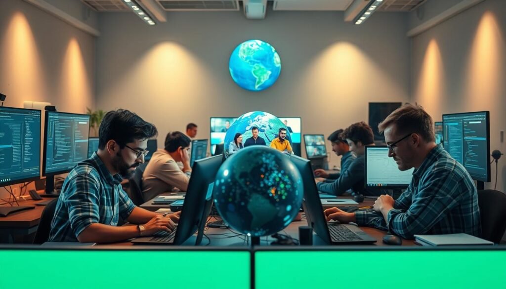 A remote engineering team collaborating across continents, united by technology. In the foreground, developers coding intently, surrounded by an array of screens and devices. The middle ground reveals a virtual conference call, team members engaged in animated discussions. In the background, a globe spins, symbolizing the global reach of their work. Ambient lighting casts a warm glow, conveying a sense of productivity and camaraderie. High-resolution cameras and a cinematic lens capture the dynamic energy of this distributed team, overcoming geographical barriers to drive innovation.