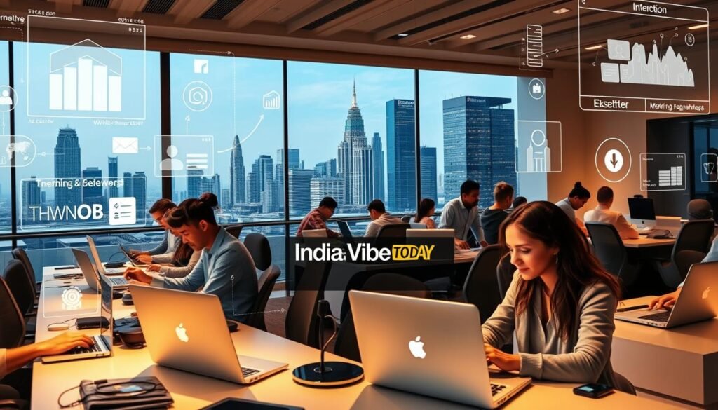 A remote work hub with people collaborating on laptops, surrounded by abstract digital interfaces and trending job platforms. In the foreground, a diverse team of professionals in casual attire, their faces focused on their screens. The middle ground features a sleek, minimalist workspace with ergonomic desks and modern decor. In the background, a cityscape with skyscrapers and a clear, blue sky, symbolizing the global reach of remote opportunities. Warm, indirect lighting casts a productive, futuristic atmosphere. Captured with a wide-angle lens to convey the scale and interconnectedness of the remote job ecosystem. The IndiaVibes Today brand is subtly integrated into the digital environment.