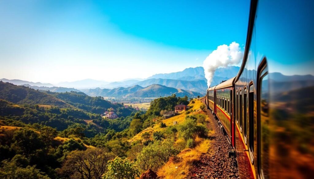 A scenic Indian train journey, captured in vibrant detail. The foreground showcases a sleek, majestic locomotive winding through the lush, rolling hills, its steam billowing against the clear, azure sky. The middle ground reveals a panoramic view of the diverse Indian landscape, with verdant forests, idyllic villages, and towering mountain peaks in the distance. The background is bathed in warm, golden sunlight, casting a serene, almost dreamlike atmosphere over the entire scene. The image conveys the timeless allure of train travel in India, evoking a sense of adventure, wonder, and the joy of exploring this captivating country from the comfort of a classic railway carriage.