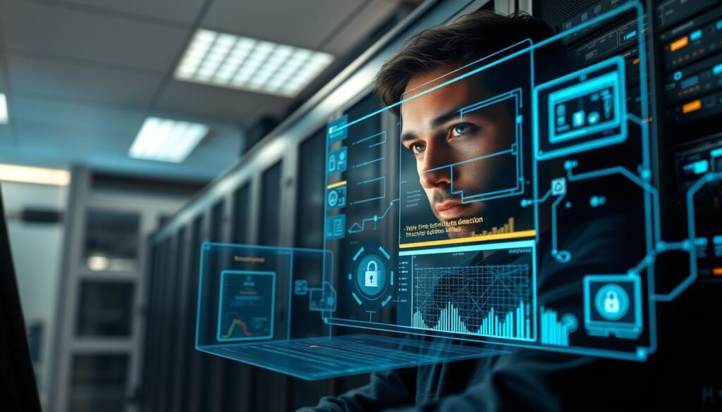 A secure data center with state-of-the-art cybersecurity measures in place. The foreground depicts a technician closely monitoring a bank of servers, their expression focused and vigilant. The middle ground showcases a holographic display projecting real-time threat analytics and intrusion detection alerts. In the background, a series of high-tech firewalls and encrypted communication lines safeguard the sensitive construction data. Diffused lighting casts a soft, authoritative glow, while the camera angle emphasizes the importance of this secure environment. An atmosphere of diligence and technological prowess pervades the scene, underscoring the critical role of cybersecurity in modern engineering.
