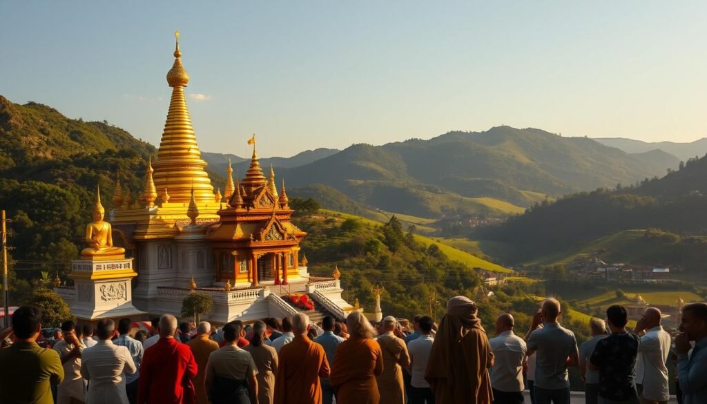 A serene Buddhist temple nestled amidst verdant hills, its golden spires glinting in the warm afternoon sunlight. In the foreground, a group of devotees prostrate themselves before a towering statue of the Buddha, their robes flowing gracefully. The middle ground reveals intricate carvings and frescoes adorning the temple walls, depicting scenes from the Buddha's life. In the background, rolling green landscapes dotted with small villages paint a tranquil backdrop, hinting at the spiritual harmony that permeates this sacred site. The entire scene radiates a sense of contemplation and inner peace, inviting the viewer to step into this timeless realm of Buddhist enlightenment. A serene Buddhist temple nestled amidst verdant hills, its golden spires glinting in the warm afternoon sunlight. In the foreground, a group of devotees prostrate themselves before a towering statue of the Buddha, their robes flowing gracefully. The middle ground reveals intricate carvings and frescoes adorning the temple walls, depicting scenes from the Buddha's life. In the background, rolling green landscapes dotted with small villages paint a tranquil backdrop, hinting at the spiritual harmony that permeates this sacred site. The entire scene radiates a sense of contemplation and inner peace, inviting the viewer to step into this timeless realm of Buddhist enlightenment.