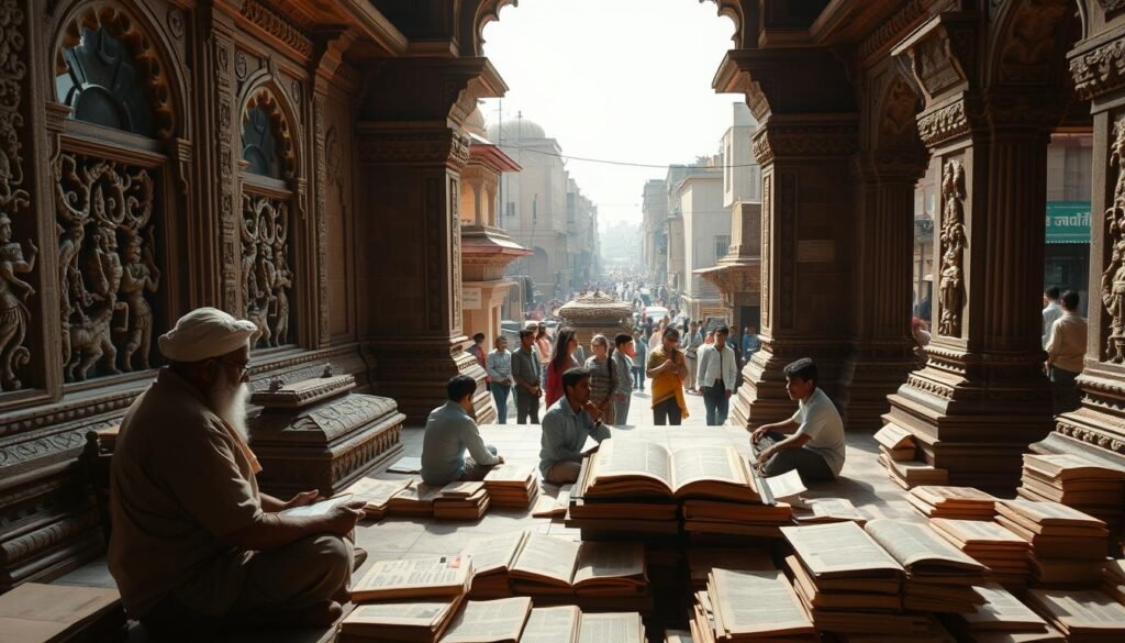 A serene Hindu temple in modern India, its intricate stone carvings depicting ancient Sanskrit scriptures. Sunlight filters through ornate windows, casting a warm glow on the intricately decorated walls. In the foreground, a scholar sits cross-legged, poring over a palm-leaf manuscript, surrounded by piles of ancient texts. In the middle ground, young students gather, engaged in animated discussions on the nuances of Sanskrit grammar and philosophy. The background reveals the bustling streets of a vibrant Indian city, a blend of traditional and contemporary architecture. The scene conveys the timeless essence of Sanskrit, its enduring presence in the heart of modern India.