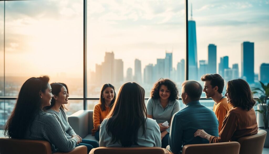 A serene and tranquil scene of a mental health support center, set against the backdrop of a modern city skyline. In the foreground, a group of diverse individuals engage in a supportive group therapy session, their faces expressing a sense of connection and empowerment. The middle ground features a well-appointed interior with calming colors, soft lighting, and comfortable seating arrangements, conveying a welcoming and therapeutic atmosphere. In the background, the silhouettes of skyscrapers and a vibrant urban landscape suggest the integration of mental health resources within the community. The overall mood is one of hope, healing, and the government's commitment to prioritizing mental health support. A serene and tranquil scene of a mental health support center, set against the backdrop of a modern city skyline. In the foreground, a group of diverse individuals engage in a supportive group therapy session, their faces expressing a sense of connection and empowerment. The middle ground features a well-appointed interior with calming colors, soft lighting, and comfortable seating arrangements, conveying a welcoming and therapeutic atmosphere. In the background, the silhouettes of skyscrapers and a vibrant urban landscape suggest the integration of mental health resources within the community. The overall mood is one of hope, healing, and the government's commitment to prioritizing mental health support.