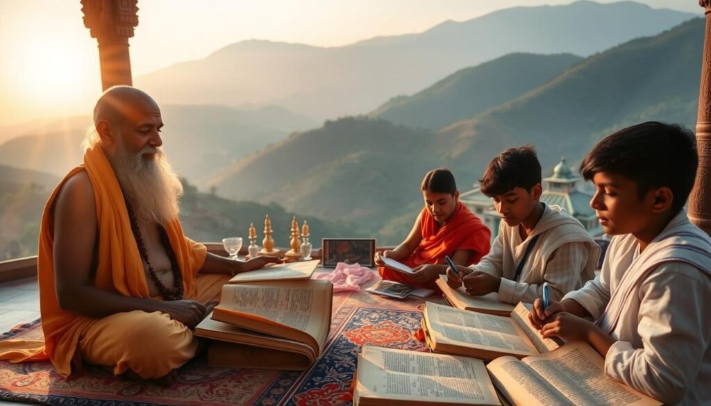 A serene ashram set against the backdrop of rolling hills, the sun's warm glow casting a soft light upon ancient manuscripts reverently preserved within. In the foreground, a sage in deep meditation, surrounded by young students carefully copying the sacred Vedic texts by hand, their expressions one of reverence and concentration. The atmosphere is one of timeless tradition, the passing down of wisdom from generation to generation, a testament to the enduring legacy of India's spiritual heritage. A serene ashram set against the backdrop of rolling hills, the sun's warm glow casting a soft light upon ancient manuscripts reverently preserved within. In the foreground, a sage in deep meditation, surrounded by young students carefully copying the sacred Vedic texts by hand, their expressions one of reverence and concentration. The atmosphere is one of timeless tradition, the passing down of wisdom from generation to generation, a testament to the enduring legacy of India's spiritual heritage.