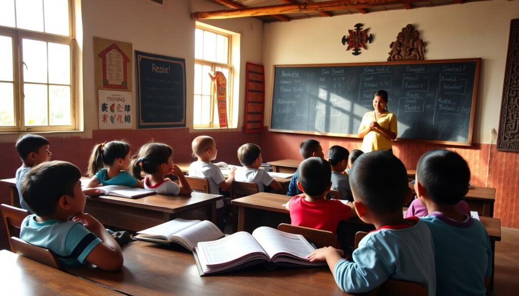 A serene classroom in a rural setting, sunlight streaming through large windows illuminating the desks and chairs. In the foreground, a group of young children engaged in lively discussions, their regional language textbooks open before them. The teacher, a warm and nurturing figure, stands at the chalkboard, guiding the lesson with a patient and inclusive demeanor. In the background, vibrant wall hangings and intricate carvings reflect the cultural heritage of the community. The atmosphere is one of respectful learning, where the mother tongue is celebrated and empowered as the foundation for academic and personal growth. A serene classroom in a rural setting, sunlight streaming through large windows illuminating the desks and chairs. In the foreground, a group of young children engaged in lively discussions, their regional language textbooks open before them. The teacher, a warm and nurturing figure, stands at the chalkboard, guiding the lesson with a patient and inclusive demeanor. In the background, vibrant wall hangings and intricate carvings reflect the cultural heritage of the community. The atmosphere is one of respectful learning, where the mother tongue is celebrated and empowered as the foundation for academic and personal growth.