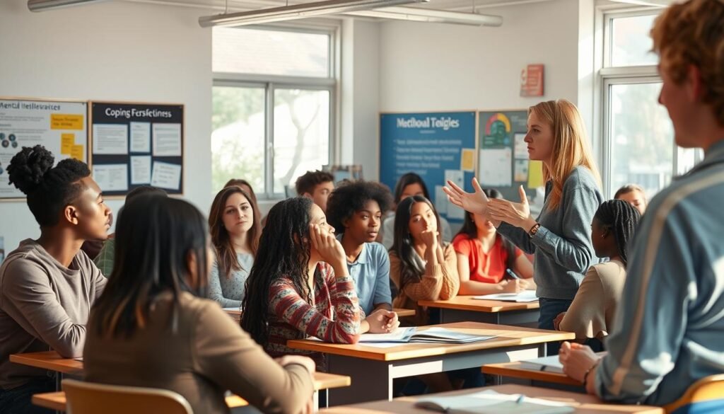 A serene classroom setting with students of diverse backgrounds engaged in interactive mental health lessons. Soft natural lighting filters through large windows, creating a warm, inviting atmosphere. In the foreground, a teacher gestures animatedly, guiding a group discussion on coping strategies. In the middle, students listen intently, taking notes and raising their hands to share insights. The background features informative posters and educational resources, conveying the importance of mental wellness. An atmosphere of openness, empathy, and intellectual curiosity pervades the scene, reflecting the transformative power of mental health education. A serene classroom setting with students of diverse backgrounds engaged in interactive mental health lessons. Soft natural lighting filters through large windows, creating a warm, inviting atmosphere. In the foreground, a teacher gestures animatedly, guiding a group discussion on coping strategies. In the middle, students listen intently, taking notes and raising their hands to share insights. The background features informative posters and educational resources, conveying the importance of mental wellness. An atmosphere of openness, empathy, and intellectual curiosity pervades the scene, reflecting the transformative power of mental health education.