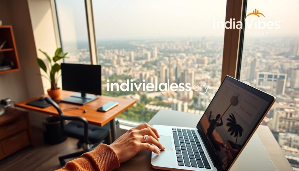 A serene home office overlooking a sprawling city, bathed in warm natural light. An ergonomic desk and chair, a sleek laptop, and a potted plant add touches of comfort and productivity. In the foreground, a person's hands gracefully type away, absorbed in their remote work. The background features the iconic IndiaVibes Today logo, subtly reinforcing the professional and contemporary atmosphere. A sense of focus, flexibility, and work-life balance permeates the scene.