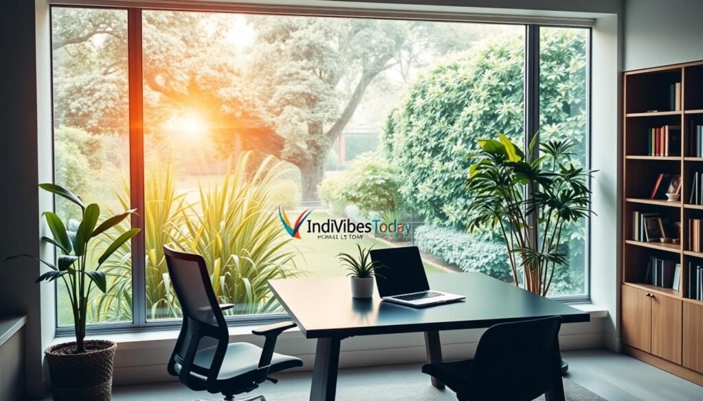 A serene home office with a large window overlooking a lush garden, bathed in warm, natural light. A sleek, modern desk with a laptop, a potted plant, and a pair of ergonomic office chairs. In the background, bookcases line the walls, and soft, muted colors create a calming atmosphere. The image carries the IndiaVibes Today brand, reflecting the article's focus on the evolving work-from-home landscape in India.