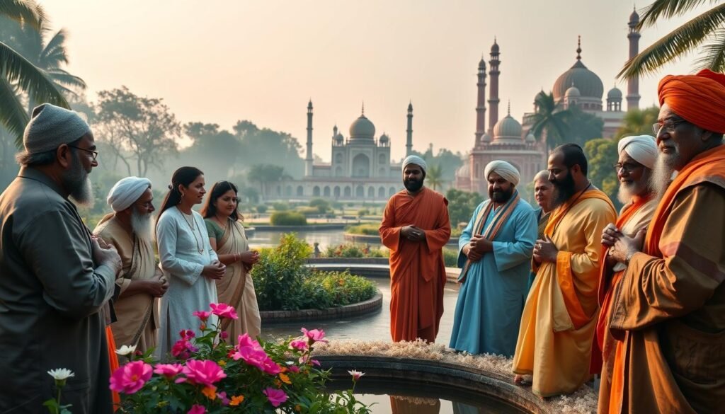 A serene interfaith gathering in a tranquil Indian setting. In the foreground, representatives from diverse religious traditions - Hinduism, Islam, Christianity, Sikhism, Buddhism - engaged in respectful dialogue, their faces radiant with understanding. The middle ground features a lush garden with flowering plants and a peaceful pond, bathed in warm, soft lighting. In the background, the silhouettes of ancient temples and mosques stand as silent witnesses to centuries of coexistence. An atmosphere of harmony, openness and mutual appreciation pervades the scene, capturing the essence of India's celebrated religious pluralism. A serene interfaith gathering in a tranquil Indian setting. In the foreground, representatives from diverse religious traditions - Hinduism, Islam, Christianity, Sikhism, Buddhism - engaged in respectful dialogue, their faces radiant with understanding. The middle ground features a lush garden with flowering plants and a peaceful pond, bathed in warm, soft lighting. In the background, the silhouettes of ancient temples and mosques stand as silent witnesses to centuries of coexistence. An atmosphere of harmony, openness and mutual appreciation pervades the scene, capturing the essence of India's celebrated religious pluralism.