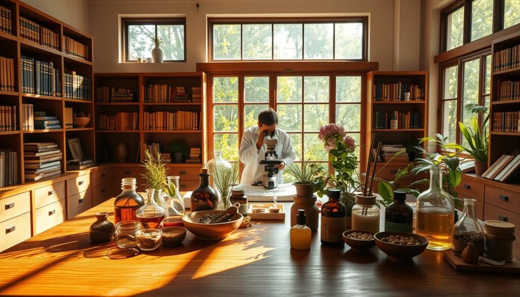 A serene laboratory setting, with a central focal point of an Ayurvedic research station. In the foreground, a wooden table holds various Ayurvedic herbs, oils, and instruments, casting warm, natural lighting across the scene. In the middle ground, a researcher in a white lab coat carefully examines samples under a state-of-the-art microscope, surrounded by bookshelves filled with ancient Ayurvedic texts. The background features large windows overlooking a lush, verdant garden, symbolizing the harmony between modern science and traditional healing practices. The overall atmosphere is one of thoughtful exploration, where the past and present converge to unlock the secrets of Ayurveda. A serene laboratory setting, with a central focal point of an Ayurvedic research station. In the foreground, a wooden table holds various Ayurvedic herbs, oils, and instruments, casting warm, natural lighting across the scene. In the middle ground, a researcher in a white lab coat carefully examines samples under a state-of-the-art microscope, surrounded by bookshelves filled with ancient Ayurvedic texts. The background features large windows overlooking a lush, verdant garden, symbolizing the harmony between modern science and traditional healing practices. The overall atmosphere is one of thoughtful exploration, where the past and present converge to unlock the secrets of Ayurveda.