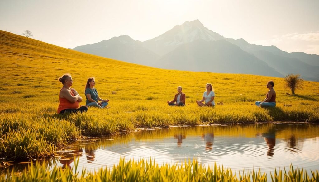 A serene landscape with a lush, verdant meadow bathed in warm, golden sunlight. In the foreground, a peaceful pond reflects the tranquil scene, its still surface rippled by the gentle breeze. Amidst the vibrant greenery, a group of people engage in various mindfulness practices, their expressions radiant with inner calm and contentment. In the background, a majestic mountain range stands tall, its peaks capped with snow, symbolizing the heights of mental well-being that can be achieved. The overall atmosphere is one of harmony, balance, and the rejuvenation of the mind, body, and spirit. A serene landscape with a lush, verdant meadow bathed in warm, golden sunlight. In the foreground, a peaceful pond reflects the tranquil scene, its still surface rippled by the gentle breeze. Amidst the vibrant greenery, a group of people engage in various mindfulness practices, their expressions radiant with inner calm and contentment. In the background, a majestic mountain range stands tall, its peaks capped with snow, symbolizing the heights of mental well-being that can be achieved. The overall atmosphere is one of harmony, balance, and the rejuvenation of the mind, body, and spirit.