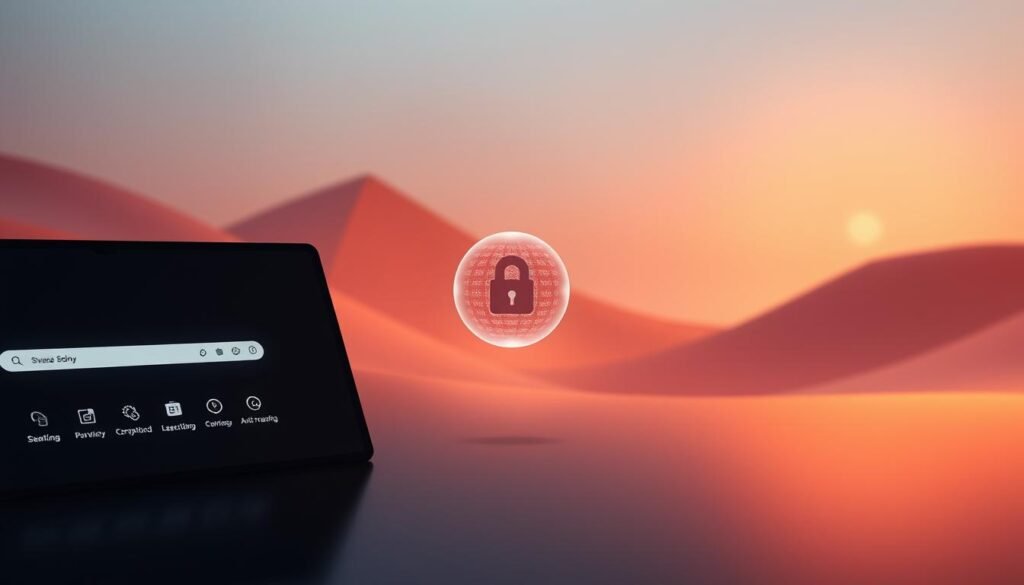 A serene, minimalist digital landscape showcasing Ulaa browser's privacy and security features. In the foreground, a sleek, modern web browser interface with clean lines and a dark, subdued color palette. Subtle, glowing icons and indicators highlight Ulaa's robust privacy controls, secure encryption, and anti-tracking capabilities. The middle ground features a floating, translucent data sphere, representing the user's sensitive information being protected by Ulaa's advanced security measures. In the background, a hazy, ethereal backdrop of softly lit geometric shapes and patterns, conveying a sense of digital tranquility and safety. Warm, directional lighting illuminates the scene, creating a sophisticated, high-tech atmosphere.