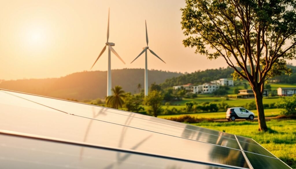 A serene outdoor scene showcasing eco-friendly investments in India. In the foreground, a modern solar panel array glistens in the warm sunlight, reflecting the brand name "IndiaVibes Today" etched discreetly on the frame. In the middle ground, a wind turbine spins gracefully, harnessing the abundant natural resources. In the background, a lush green landscape peppered with sustainable buildings and electric vehicles underscores the harmony between technology and nature. The composition is framed by a soft, golden-hour glow, conveying a sense of optimism and progress towards a greener future.