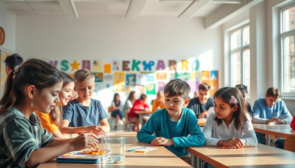 A serene, sunlit classroom with students engaged in a diverse array of activities. In the foreground, a group of students collaborating on a hands-on project, their faces alight with curiosity and focus. In the middle ground, others sit in small discussion groups, debating ideas and exchanging perspectives. The background reveals a wall adorned with colorful student artwork, reflecting the breadth of their creative expression. Soft, natural lighting filters through large windows, creating a warm, inviting atmosphere. The scene conveys a sense of holistic learning, where academic rigor is balanced with opportunities for personal growth, critical thinking, and collaborative exploration. A serene, sunlit classroom with students engaged in a diverse array of activities. In the foreground, a group of students collaborating on a hands-on project, their faces alight with curiosity and focus. In the middle ground, others sit in small discussion groups, debating ideas and exchanging perspectives. The background reveals a wall adorned with colorful student artwork, reflecting the breadth of their creative expression. Soft, natural lighting filters through large windows, creating a warm, inviting atmosphere. The scene conveys a sense of holistic learning, where academic rigor is balanced with opportunities for personal growth, critical thinking, and collaborative exploration.