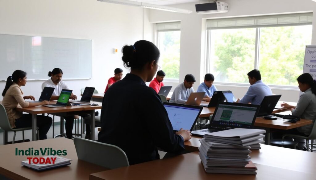 A serene, sunlit classroom with students engaged in online courses on their laptops and tablets. In the foreground, a teacher's desk with a stack of course materials and a "IndiaVibes Today" logo prominently displayed. The middle ground features students collaborating on projects, discussing concepts, and sharing insights. The background showcases a whiteboard with course outlines and a window overlooking a lush, verdant campus. The overall atmosphere is one of focused learning, intellectual discourse, and the flexibility of modern education.