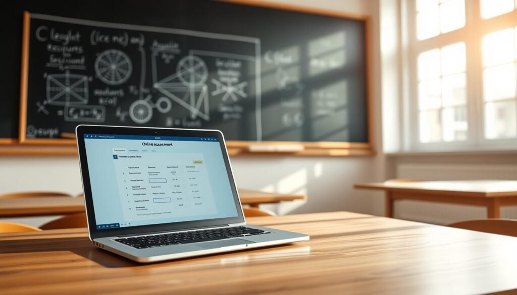A serene, well-lit classroom setting with a laptop open on a wooden desk, displaying an online assessment interface. The background features a chalkboard with diagrams and equations, conveying an academic atmosphere. Soft natural lighting filters through large windows, casting a warm glow on the scene. The overall composition evokes a focused, contemplative mood suitable for evaluating student progress in an educational context.