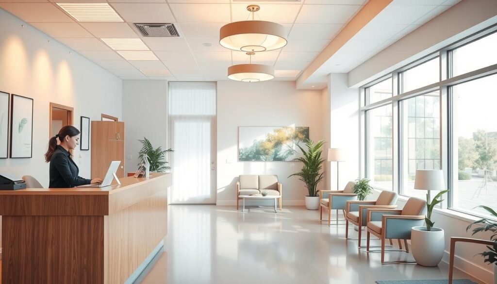 A serene, well-lit clinic interior, with warm, natural lighting filtering through large windows. In the foreground, a welcoming reception desk staffed by a compassionate, approachable professional. In the middle ground, comfortable seating areas where patients can relax and feel at ease. The background features calming, nature-inspired artwork and a soothing color palette, conveying a sense of tranquility and safety. The overall atmosphere is one of empathy, care, and a commitment to providing accessible, high-quality mental health services. A serene, well-lit clinic interior, with warm, natural lighting filtering through large windows. In the foreground, a welcoming reception desk staffed by a compassionate, approachable professional. In the middle ground, comfortable seating areas where patients can relax and feel at ease. The background features calming, nature-inspired artwork and a soothing color palette, conveying a sense of tranquility and safety. The overall atmosphere is one of empathy, care, and a commitment to providing accessible, high-quality mental health services.