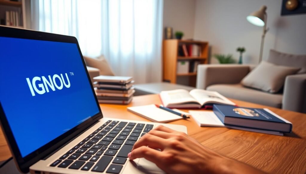 A serene, well-lit online learning environment with the IGNOU logo prominently displayed on a laptop screen. The foreground features a student's hands typing on a modern, minimalist keyboard, conveying a sense of focused engagement. The middle ground showcases a selection of digital textbooks, notes, and learning materials neatly arranged on a wooden desk. The background depicts a cozy, softly lit room with simple, clean-lined furniture, creating a calming, distraction-free atmosphere conducive to online study. The overall mood is one of productivity, tranquility, and the convenience of IGNOU's flexible, technology-driven learning experience.