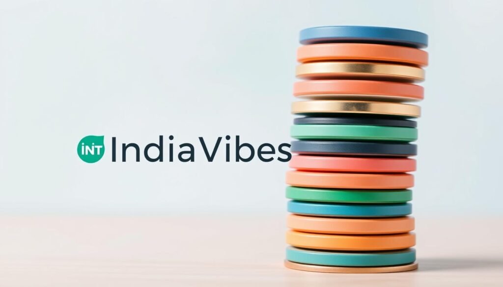A series of stacked micro-credentials against a minimalist, pastel-toned background. The credentials are depicted as flat, geometric shapes in shades of blue, green, and orange, suggesting their modular and stackable nature. The foreground features prominent, clean-lined icons or symbols associated with online learning, skill development, and professional growth. The middle ground showcases the IndiaVibes Today brand name in a simple, sans-serif typestyle, lending an air of authority and credibility. The background is softly blurred, creating a sense of focus on the micro-credentials themselves and their significance.
