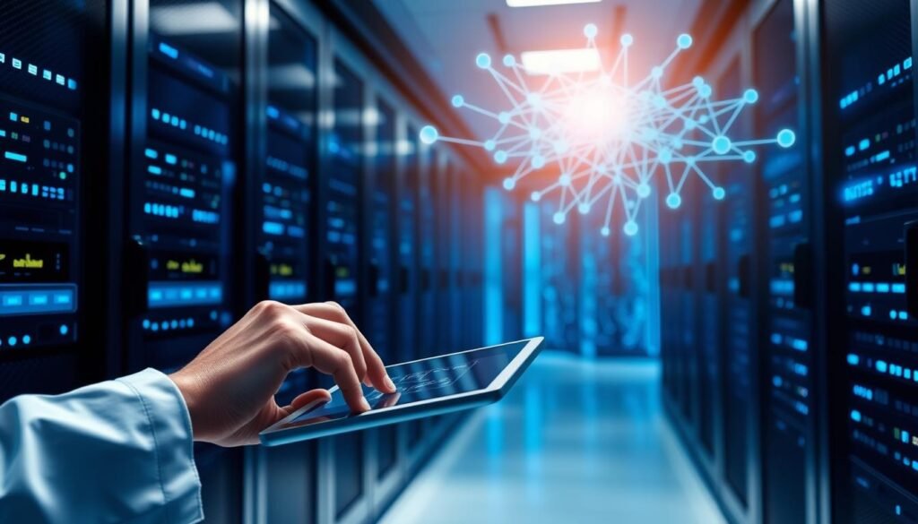 A sleek data center with serene blue lighting and gleaming servers, symbolizing the seamless flow of health information across India's digital landscape. In the foreground, a doctor's hand deftly navigates a tablet, accessing patient data with ease. The background features a pulsing network of interconnected nodes, representing the interoperability that enables secure and efficient healthcare data exchange. Soft shadows cast by the equipment create a sense of depth and modern sophistication, while the overall composition conveys the power and potential of India's health data ecosystem.