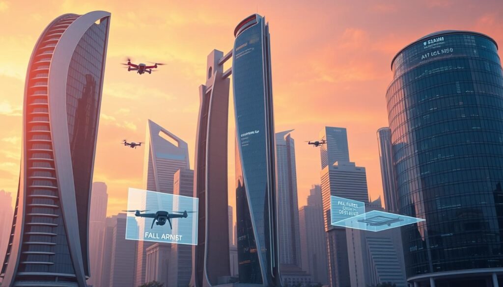 A sleek, futuristic cityscape rises against a backdrop of vibrant hues. Towering skyscrapers with curved, interlocking facades reach towards the sky, their surfaces shimmering with advanced materials. In the foreground, dynamic holographic displays showcase emerging technologies - from AI-powered structural analysis to additive manufacturing techniques. Drones and autonomous vehicles glide gracefully between the buildings, hinting at the seamless integration of innovation and infrastructure. The scene is bathed in a warm, diffused light, creating a sense of optimism and possibility. This image captures the essence of the future of structural design, where cutting-edge technologies converge to create smarter, safer, and more sustainable built environments.