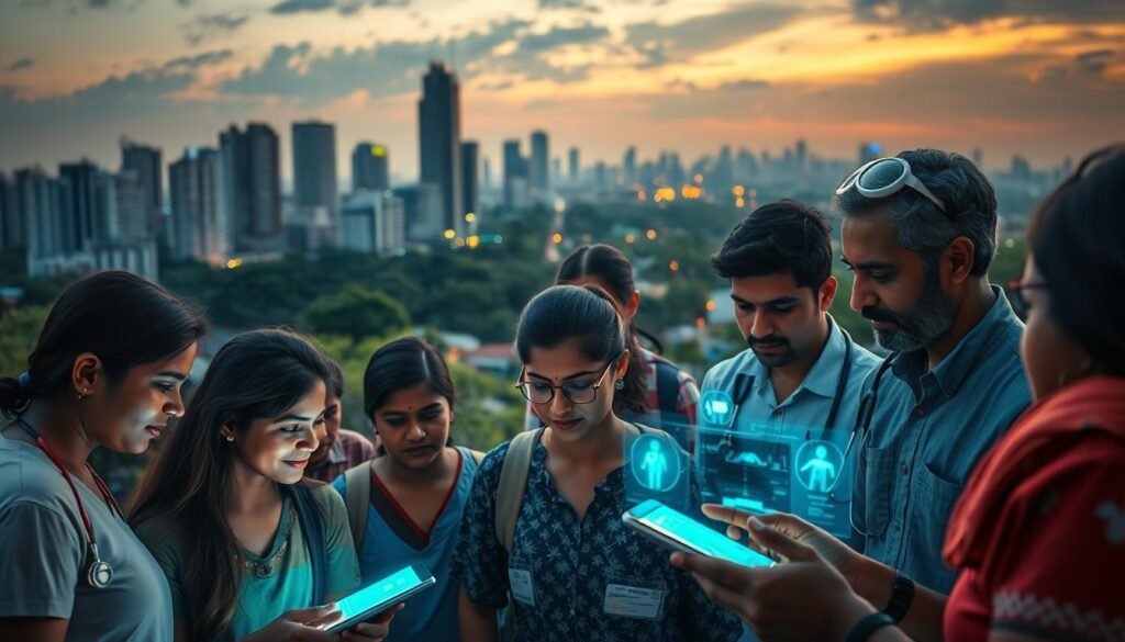 A sprawling cityscape at dusk, with modern high-rises and lush greenery in the background. In the foreground, a group of diverse individuals interact with holographic healthcare interfaces, their faces lit by the glow of digital screens. The scene conveys a sense of technological progress and medical innovation, with a focus on the seamless integration of digital health solutions into the everyday lives of India's urban population. The lighting is warm and cinematic, creating a sense of depth and atmosphere. The overall mood is one of optimism and advancement, reflecting the transformative potential of digital health in India.