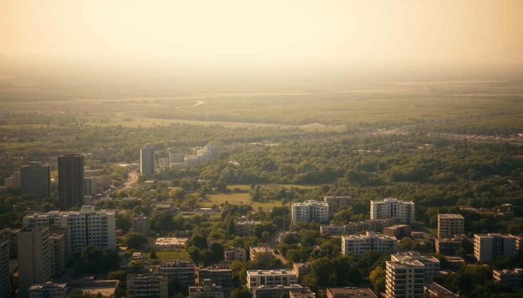 A sprawling cityscape dominates the foreground, with high-rise buildings and concrete structures encroaching on once verdant landscapes. The middle ground reveals pockets of greenery being rapidly consumed by urban development, trees and shrubs giving way to asphalt and steel. In the distant background, a hazy horizon hints at the shrinking natural habitats, the lush forests and meadows that once thrived now reduced to fragments. The scene is bathed in a warm, golden light, creating a sense of melancholy and a somber tone, emphasizing the gradual but relentless loss of green spaces to the relentless march of urbanization. Cinematic camera angle, medium depth of field.