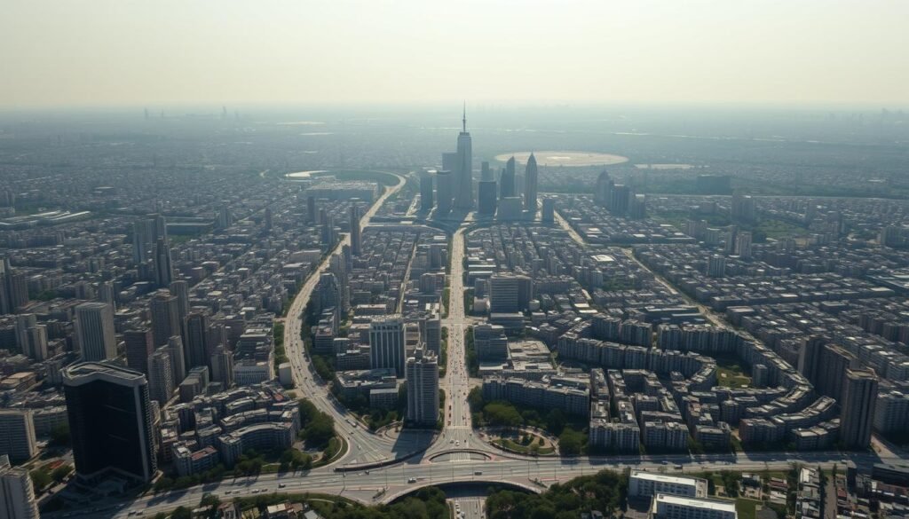 A sprawling cityscape stretches out as far as the eye can see, a concrete jungle teeming with towering skyscrapers, dense residential blocks, and a labyrinth of winding roads. In the foreground, a bustling intersection teems with cars and pedestrians, while in the middle ground, towering high-rises cast long shadows across the urban landscape. The background is hazy and indistinct, with the horizon obscured by a haze of smog and pollution. The lighting is harsh and unforgiving, casting harsh shadows and highlighting the harsh, angular lines of the architecture. The overall mood is one of overwhelming density and urbanization, a sense of humanity overwhelmed by the relentless march of progress.