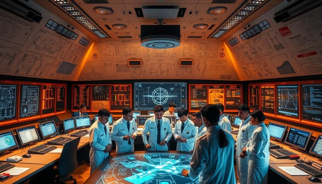 A sprawling control room with NASA-esque consoles, blinking lights, and engineers in crisp white uniforms working tirelessly amid a backdrop of complex schematics and diagrams. The room is bathed in a warm, amber glow from overhead lighting, conveying a sense of intensity and focus. In the foreground, a team gathers around a large holographic display, analyzing data and formulating solutions to overcome the technical challenges faced by India's space agency, ISRO. The atmosphere is one of determination and innovation, as they strive to push the boundaries of what's possible in space exploration.