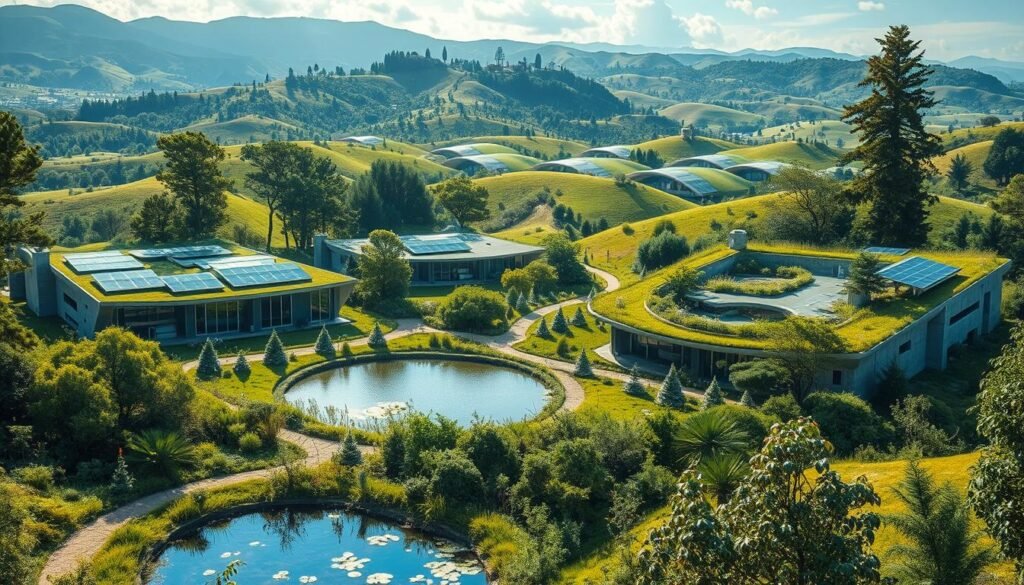 A sprawling eco-village nestled amidst rolling hills, with sleek, angular buildings adorned with solar panels and verdant rooftop gardens. In the foreground, a winding path leads past a tranquil pond, surrounded by native flora. Sunlight filters through the canopy of towering trees, casting a warm, natural glow over the scene. The middle ground features a modern, low-rise structure with large windows, designed to maximize passive solar energy and natural ventilation. In the background, a series of undulating, curved structures blend seamlessly with the landscape, their organic forms echoing the rolling hills. The overall atmosphere is one of harmony and sustainability, showcasing innovative architectural design in harmony with the natural environment.