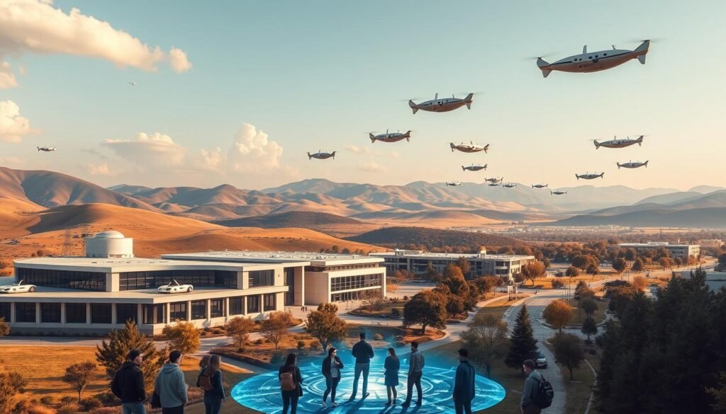 A sprawling, futuristic university campus set against a backdrop of rolling hills and a cloudless sky. In the foreground, a group of students gathered around a holographic projection, engaged in collaborative learning. Sleek, modern buildings with large windows and clean architectural lines dominate the middle ground, while in the distance, a network of aerial transport pods zips between various academic hubs. Warm, diffused lighting bathes the scene, creating a sense of technological advancement and educational innovation. The atmosphere is one of intellectual vibrancy, where cutting-edge facilities and a diverse student body come together to redefine the boundaries of distance learning. A sprawling, futuristic university campus set against a backdrop of rolling hills and a cloudless sky. In the foreground, a group of students gathered around a holographic projection, engaged in collaborative learning. Sleek, modern buildings with large windows and clean architectural lines dominate the middle ground, while in the distance, a network of aerial transport pods zips between various academic hubs. Warm, diffused lighting bathes the scene, creating a sense of technological advancement and educational innovation. The atmosphere is one of intellectual vibrancy, where cutting-edge facilities and a diverse student body come together to redefine the boundaries of distance learning.