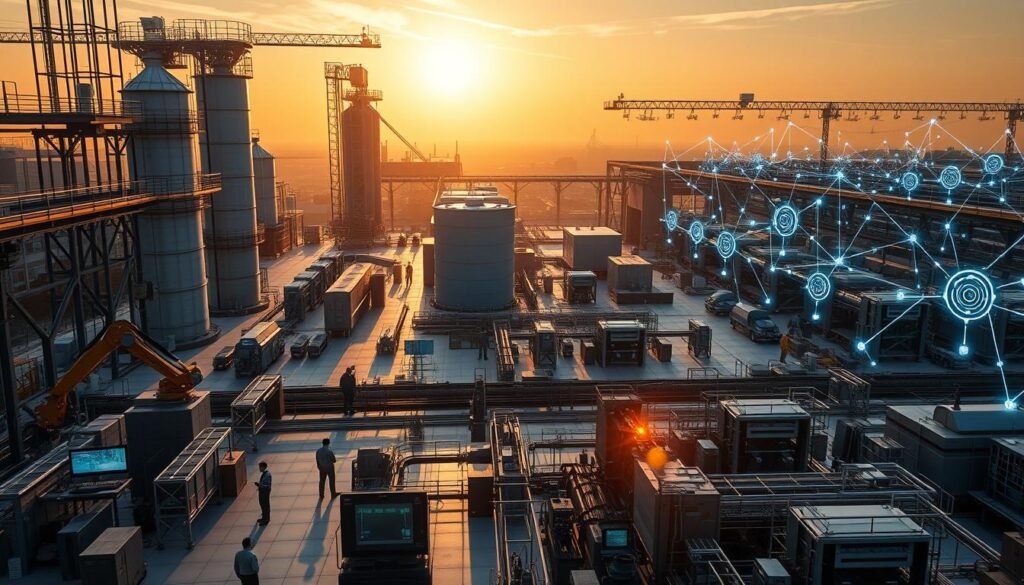 A sprawling industrial complex, where robotic arms and automated systems work in seamless harmony. In the foreground, a gleaming factory floor bustles with activity, workers monitoring sleek touchscreens and overseeing the production of high-tech components. The middle ground features towering silos and futuristic machinery, casting long shadows under the warm, diffused lighting of a setting sun. In the background, a sprawling network of connected devices and data flows visualized as a web of glowing lines and pulsing nodes, representing the integration of digital technologies that define Industry 4.0. The scene conveys a sense of cutting-edge innovation, efficiency, and the transformative power of embracing the latest advancements in manufacturing.