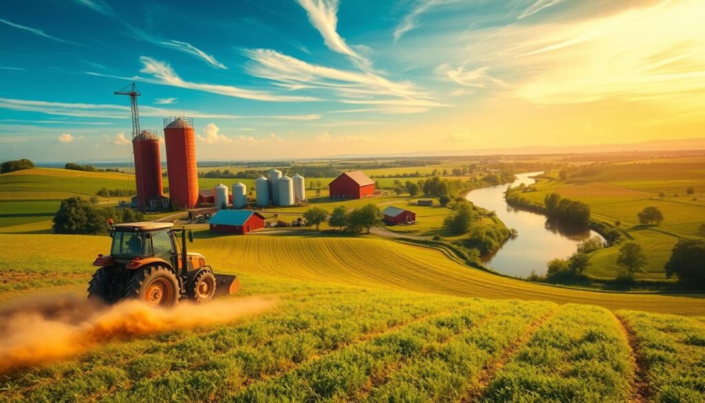 A sprawling landscape of rolling hills, verdant fields, and thriving farmsteads. In the foreground, a weathered tractor plows through the fertile soil, kicking up clouds of dust. Towering silos and barns dot the middle ground, their red-painted exteriors a vibrant contrast against the azure sky. In the background, a winding river glimmers, its banks lined with lush trees and wildflowers. Warm, golden sunlight filters through wispy clouds, casting a soft, inviting glow over the scene. The mood is one of progress and abundance, a testament to the hard work and innovation that have transformed this rural landscape. An idyllic representation of the transformative power of farm reforms, shaping the countryside and the lives of those who call it home.