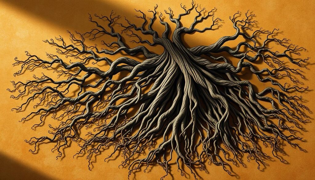 A sprawling root system, its intricate branches and tendrils spreading out in all directions, representing the linguistic influence of Sanskrit. The roots are made of ancient Sanskrit script, intertwining and interweaving, forming a visually captivating tapestry. The background is a warm, earthy tone, evoking the timeless heritage of the language. Dramatic side lighting casts dramatic shadows, highlighting the depth and complexity of the roots. The composition is balanced, with the roots filling the frame, drawing the viewer's eye inward to explore the intricate details. An ethereal, mystical atmosphere pervades the scene, reflecting the profound impact of Sanskrit on India's knowledge and culture.