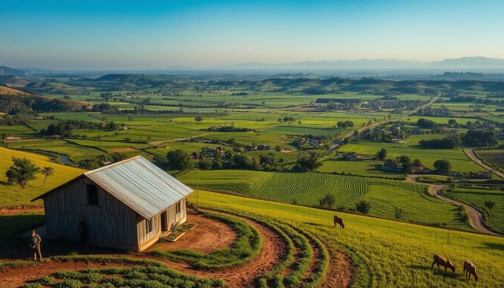 A sprawling rural landscape stretches out before the viewer, lush with verdant fields, winding rivers, and quaint villages nestled amidst rolling hills. In the foreground, a small farmhouse stands, its weathered wooden walls and tin roof casting long shadows in the warm afternoon light. Farmers tend to their crops, their bodies bent over the earth, while livestock graze peacefully nearby. The middle ground reveals a network of dirt roads and pathways, connecting the various elements of this thriving agricultural community. In the distance, the horizon is dotted with the silhouettes of towering trees and the faint outlines of faraway mountains, creating a sense of depth and scale. The scene exudes a peaceful, bucolic atmosphere, capturing the essence of rural transformation and the harmonious blend of human activity and natural beauty.