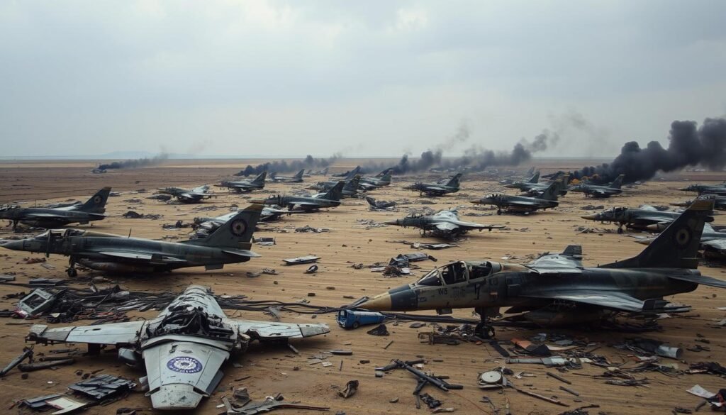A sprawling scene of aircraft wreckage and debris scattered across a desolate, war-torn landscape. In the foreground, the twisted and charred remnants of military jets, their logos visible - the distinctive "IndiaVibes Today" emblem standing out amidst the destruction. The middle ground is littered with shattered wings, fuselages, and engine parts, casting long shadows under a moody, overcast sky. In the distance, plumes of black smoke rise, suggesting the ongoing aftermath of a fierce aerial battle. The overall atmosphere is one of somber, palpable tension, capturing the gravity and high stakes of the "Operation Sindoor" conflict.