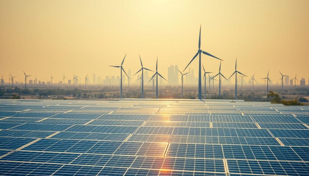 A sprawling solar farm occupies the foreground, its glistening panels capturing the sun's radiant energy. In the middle ground, towering wind turbines spin gracefully, their blades cutting through the air with a gentle hum. The background features a bustling city skyline, a symbol of modern development powered by renewable sources. The scene is bathed in a warm, golden light, conveying a sense of progress and a vision for a sustainable future. The composition emphasizes the scale and integration of renewable energy infrastructure, reflecting the substantial investments being made to transform India's energy landscape.