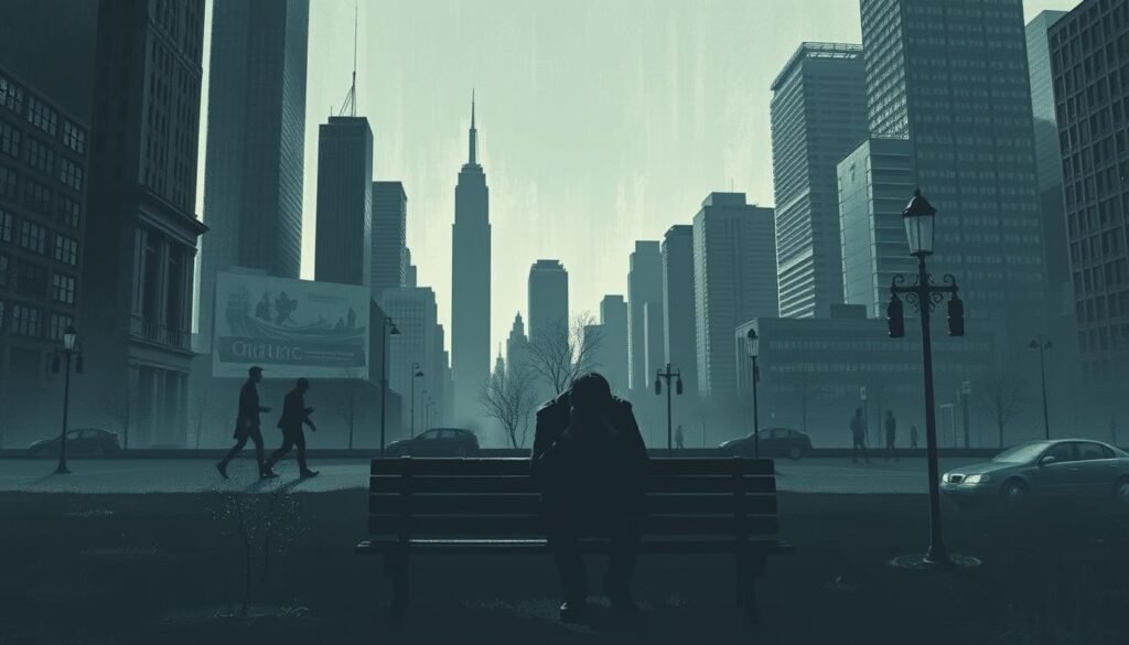 A stark cityscape, towering skyscrapers casting long shadows on the ground below. In the foreground, a lone figure sits hunched on a park bench, head in hands, weighed down by the invisible burdens of mental anguish. The middle ground reveals a bustling street, people rushing by, oblivious to the silent struggles all around them. A muted color palette, with shades of gray and blue, conveys the sense of isolation and despondency. Soft, diffused lighting casts an emotional, melancholic atmosphere, as if the very air is heavy with the weight of unspoken pain. The scene evokes the heavy toll that mental health issues can take on individuals and society, a visual representation of the "silent epidemic" that must be addressed. A stark cityscape, towering skyscrapers casting long shadows on the ground below. In the foreground, a lone figure sits hunched on a park bench, head in hands, weighed down by the invisible burdens of mental anguish. The middle ground reveals a bustling street, people rushing by, oblivious to the silent struggles all around them. A muted color palette, with shades of gray and blue, conveys the sense of isolation and despondency. Soft, diffused lighting casts an emotional, melancholic atmosphere, as if the very air is heavy with the weight of unspoken pain. The scene evokes the heavy toll that mental health issues can take on individuals and society, a visual representation of the "silent epidemic" that must be addressed.