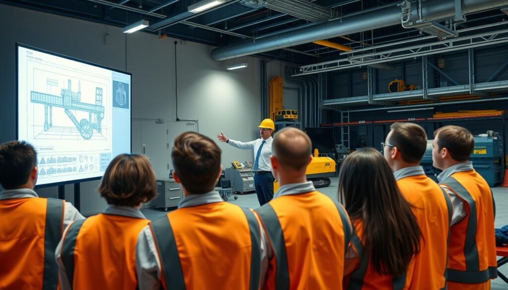 A state-of-the-art construction technology training facility with a modern, well-equipped interior. In the foreground, a group of trainees intently studying a digital blueprint projected on a large screen. In the middle ground, an instructor gesturing to a high-tech construction simulator, guiding the trainees through a hands-on training exercise. The background features an array of advanced construction tools and machinery, hinting at the comprehensive curriculum. Soft, directional lighting illuminates the space, creating a focused, educational atmosphere. The overall scene conveys a sense of innovation, professionalism, and a commitment to upskilling the workforce for the challenges of modern engineering.