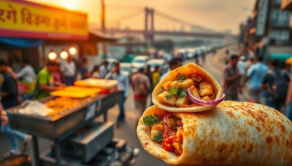 A steaming Kolkata-style kathi roll, wrapped in a freshly grilled paratha. The foreground showcases the flaky, golden crust and the fragrant, spicy filling of chicken or paneer, garnished with fresh cilantro, tangy tamarind chutney, and a vibrant splash of red onion. The middle ground features a bustling street scene, with vendors grilling the rolls over charcoal and customers eagerly awaiting their order. The background is a vibrant cityscape, with the iconic Howrah Bridge in the distance, bathed in warm, golden light. The overall atmosphere evokes the lively, mouth-watering experience of indulging in this iconic street food, capturing the essence of Kolkata's diverse culinary heritage. A steaming Kolkata-style kathi roll, wrapped in a freshly grilled paratha. The foreground showcases the flaky, golden crust and the fragrant, spicy filling of chicken or paneer, garnished with fresh cilantro, tangy tamarind chutney, and a vibrant splash of red onion. The middle ground features a bustling street scene, with vendors grilling the rolls over charcoal and customers eagerly awaiting their order. The background is a vibrant cityscape, with the iconic Howrah Bridge in the distance, bathed in warm, golden light. The overall atmosphere evokes the lively, mouth-watering experience of indulging in this iconic street food, capturing the essence of Kolkata's diverse culinary heritage.