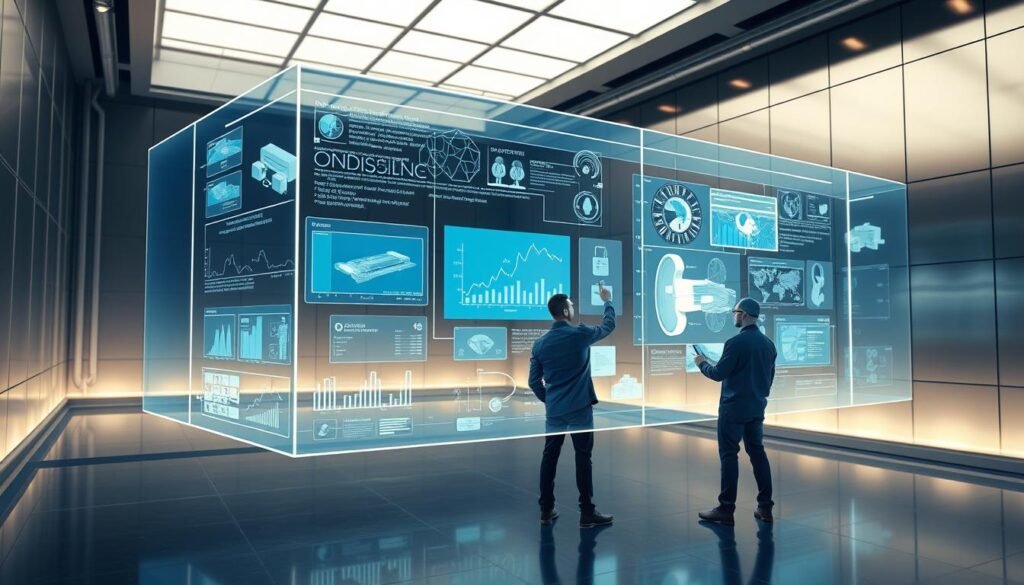A striking digital illustration showcasing Consac's cutting-edge case studies in modern engineering. Depicting a futuristic three-dimensional display with sleek, minimalist interfaces. The foreground features holographic data visualizations and 3D models, conveying Consac's technological prowess. The middle ground shows engineers interacting with the display through intuitive gestural controls, immersed in the digital realm. The background is a serene, metallic environment with subtle lighting, evoking Consac's industrial expertise. The overall atmosphere is one of innovation, precision, and the seamless integration of technology into the engineering process.