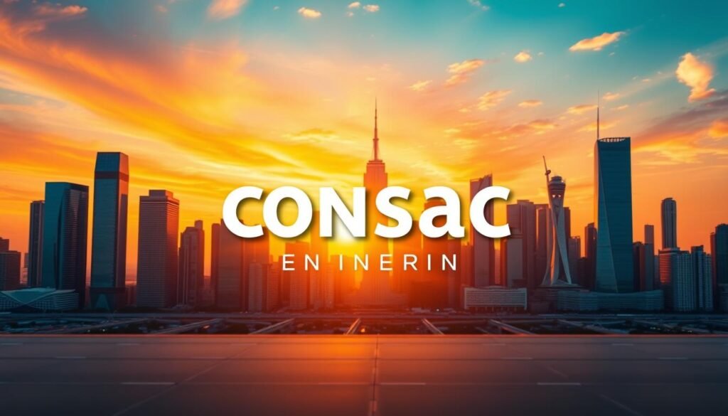A striking global skyline against a vibrant sunset, with the Consac Engineering logo prominently displayed in the foreground. The scene depicts a modern, interconnected world, with towering skyscrapers and iconic landmarks from various continents. Warm, golden light bathes the composition, creating a sense of progress, innovation, and international collaboration. The image conveys Consac's far-reaching impact and its role in shaping the built environment on a global scale. Cinematic depth of field and a wide-angle lens capture the grand scale and scope of Consac's engineering prowess, showcasing their ability to deliver transformative projects worldwide.