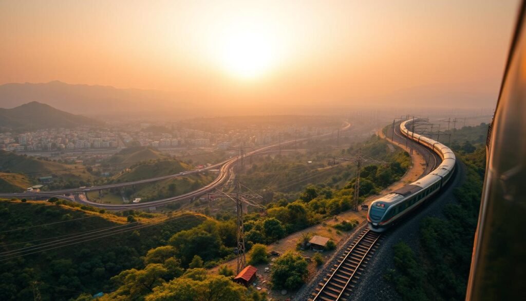 A stunning aerial view of India's most popular train routes, captured through a wide-angle lens with soft, warm lighting. In the foreground, a high-speed train glides along a winding track, cutting through a picturesque landscape of lush rolling hills, verdant forests, and majestic mountain ranges. The middle ground features a network of railway lines connecting bustling cities and remote villages, weaving a tapestry of transportation across the diverse terrain. In the background, a hazy, golden sunset casts a serene, dreamlike atmosphere, evoking a sense of adventure and exploration. The image conveys the grandeur and connectivity of India's extensive train system, inspiring viewers to embark on an unforgettable journey through the heart of this captivating country.